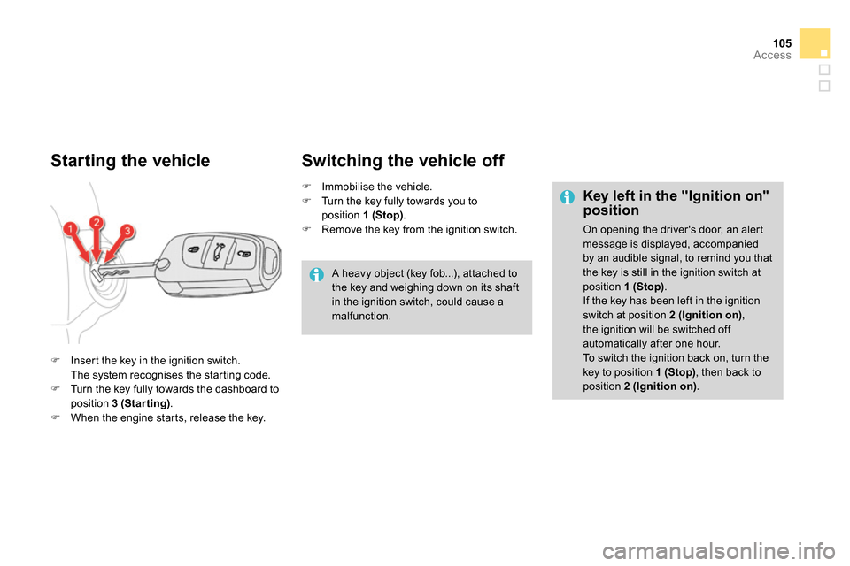 Citroen DS4 RHD 2013.5 1.G Owners Manual 105Access
   
 
 
 
 
 
 
 
 
Starting the vehicle 
 
 
 
 
  Insert the key in the ignition switch.  
  The system recognises the starting code. 
   
 
  Turn the key fully towards the dashboar