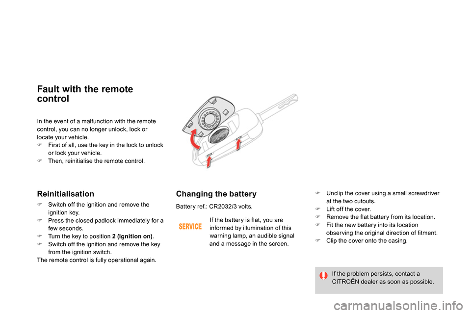 Citroen DS4 RHD 2013.5 1.G Owners Manual   In the event of a malfunction with the remote 
control, you can no longer unlock, lock or 
locate your vehicle. 
   
 
 
  First of all, use the key in the lock to unlock 
or lock your vehicle. 
