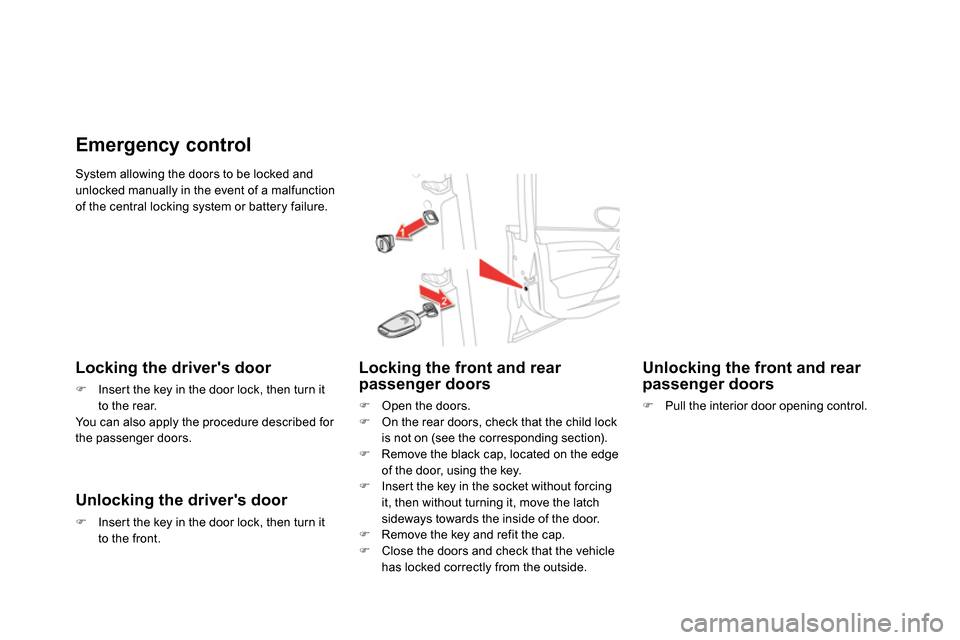 Citroen DS4 RHD 2013.5 1.G Owners Manual   System allowing the doors to be locked and 
unlocked manually in the event of a malfunction 
of the central locking system or battery failure. 
   
 
 
 
 
 
Emergency control 
 
 
Locking the drive