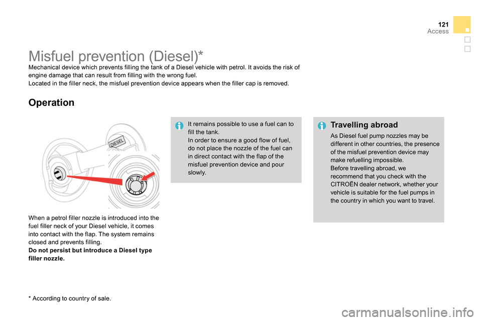 Citroen DS4 RHD 2013.5 1.G Owners Manual 121Access
   
 
Travelling abroad 
 
As Diesel fuel pump nozzles may be 
different in other countries, the presence 
of the misfuel prevention device may 
make refuelling impossible. 
  Before travell