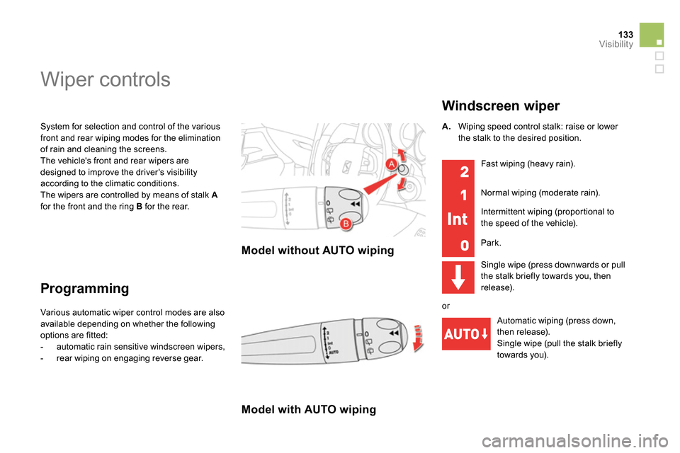 Citroen DS4 RHD 2013.5 1.G Owners Manual 133Visibility
  System for selection and control of the various 
front and rear wiping modes for the elimination 
of rain and cleaning the screens. 
  The vehicles front and rear wipers are 
designed