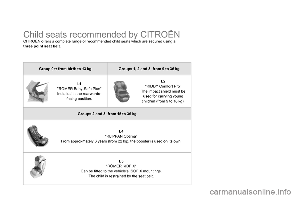 Citroen DS4 RHD 2013.5 1.G Owners Manual
Child seats recommended by CITROËN
CITROËN offers a complete range of recommended child seats which are secured using a
three point seat belt
.
Group 0+: from bir Citroen DS4 RHD 2013.5 1.G Owners Manual
Child seats recommended by CITROËN
CITROËN offers a complete range of recommended child seats which are secured using a
three point seat belt
.
Group 0+: from bir