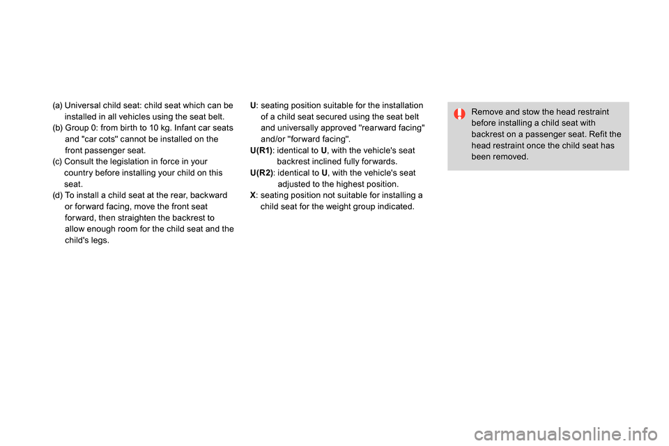 Citroen DS4 RHD 2013.5 1.G Owners Manual (a) Universal child seat: child seat which can be
installed in all vehicles using the seat belt.
(b) Group 0: from birth to 10 kg. Infant car seats
and "car cots" cannot be installed on the
Citroen DS4 RHD 2013.5 1.G Owners Manual (a) Universal child seat: child seat which can be
installed in all vehicles using the seat belt.
(b) Group 0: from birth to 10 kg. Infant car seats
and "car cots" cannot be installed on the