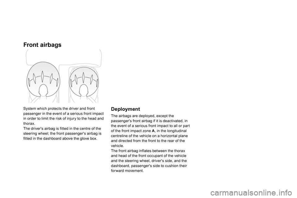 Citroen DS4 RHD 2013.5 1.G Owners Manual    
 
 
 
 
 
 
 
 
 
 
 
 
 
 
Front airbags 
 
System which protects the driver and front 
passenger in the event of a serious front impact 
in order to limit the risk of injury to the head and 
tho