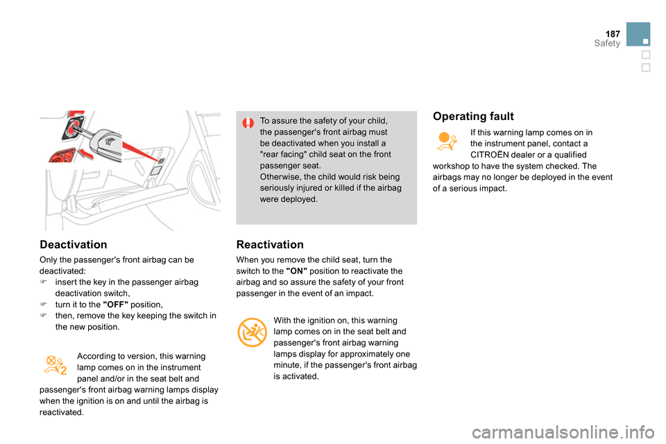 Citroen DS4 RHD 2013.5 1.G Owners Manual 187Safety
   
Deactivation 
 
Only the passengers front airbag can be 
deactivated: 
   
 
 
  insert the key in the passenger airbag 
deactivation switch, 
   
 
  turn it to the  "OFF" 
 posi