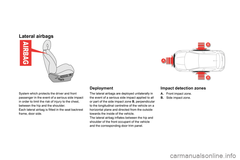 Citroen DS4 RHD 2013.5 1.G Owners Guide    
 
 
 
 
 
Lateral airbags 
 
System which protects the driver and front 
passenger in the event of a serious side impact 
in order to limit the risk of injury to the chest, 
between the hip and th