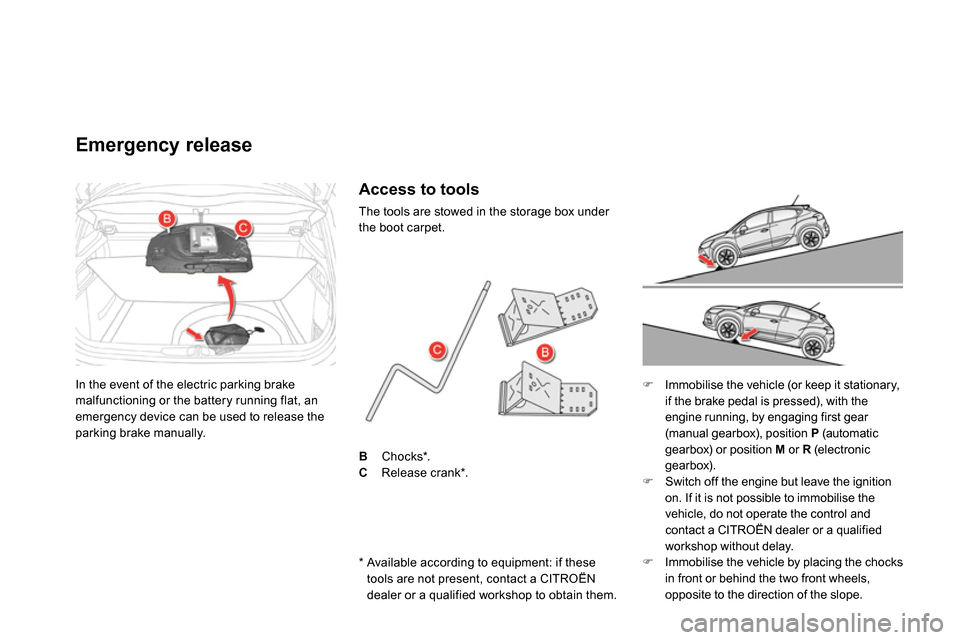 Citroen DS4 RHD 2013.5 1.G Owners Manual In the event of the electric parking brake
malfunctioning or the battery running flat, an
emergency device can be used to release the
parking brake manually.
Emergency releas Citroen DS4 RHD 2013.5 1.G Owners Manual In the event of the electric parking brake
malfunctioning or the battery running flat, an
emergency device can be used to release the
parking brake manually.
Emergency releas