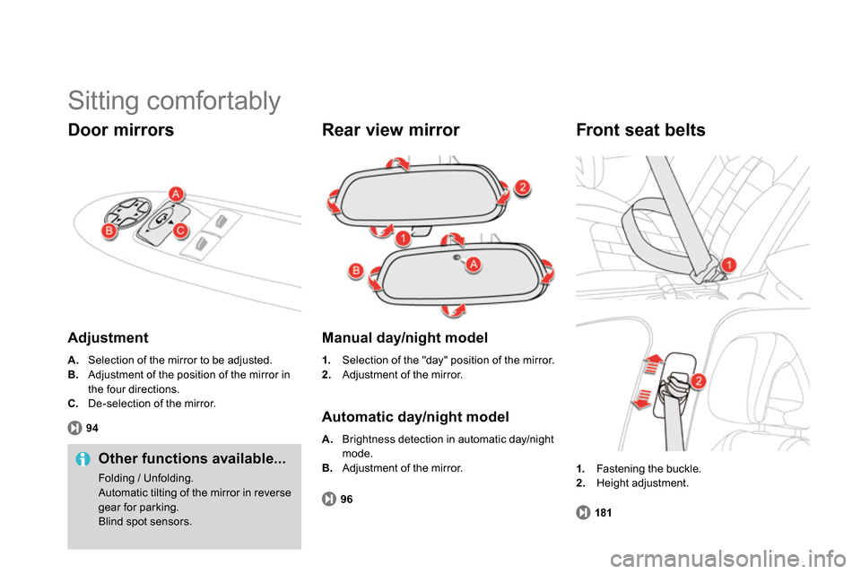 Citroen DS4 RHD 2013.5 1.G Owners Guide   Sitting comfortably 
 
 
Door mirrors 
 
 
Adjustment 
 
 
 
A. 
  Selection of the mirror to be adjusted. 
   
B. 
  Adjustment of the position of the mirror in 
the four directions. 
   
C. 
  De-