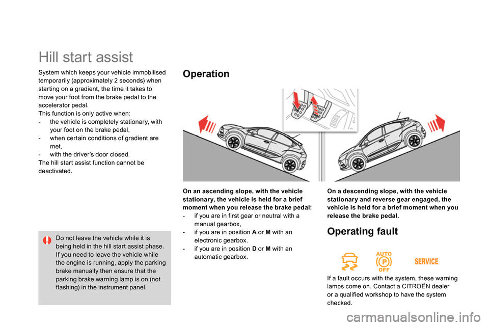 Citroen DS4 RHD 2013.5 1.G Owners Manual   System which keeps your vehicle immobilised 
temporarily (approximately 2 seconds) when 
starting on a gradient, the time it takes to 
move your foot from the brake pedal to the 
accelerator pedal. 
