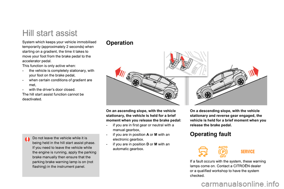 Citroen DS4 RHD 2013.5 1.G User Guide System which keeps your vehicle immobilised
temporarily (approximately 2 seconds) when
starting on a gradient, the time it takes to
move your foot from the brake pedal to the
accelerator pedal. Citroen DS4 RHD 2013.5 1.G User Guide System which keeps your vehicle immobilised
temporarily (approximately 2 seconds) when
starting on a gradient, the time it takes to
move your foot from the brake pedal to the
accelerator pedal.