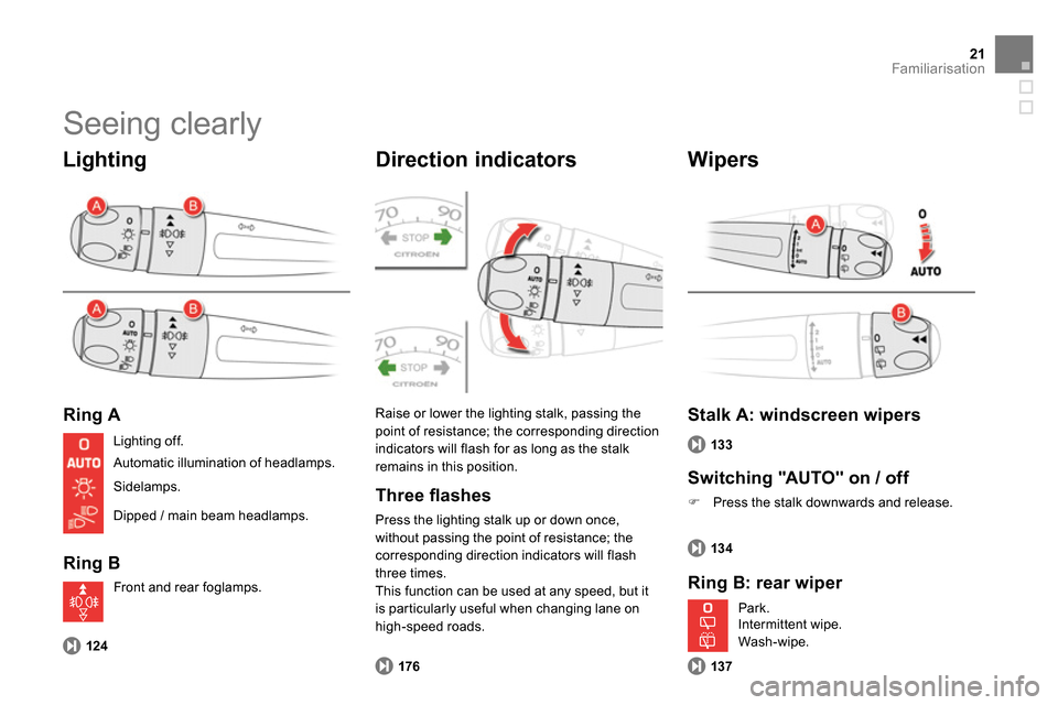 Citroen DS4 RHD 2013.5 1.G Owners Manual 21Familiarisation
  Seeing clearly 
 
 
Lighting 
 
 
Ring A 
   
Ring B 
 
 
Direction indicators 
 
 
124 
 
 
   Raise or lower the lighting stalk, passing the 
point of resistance; the correspondi