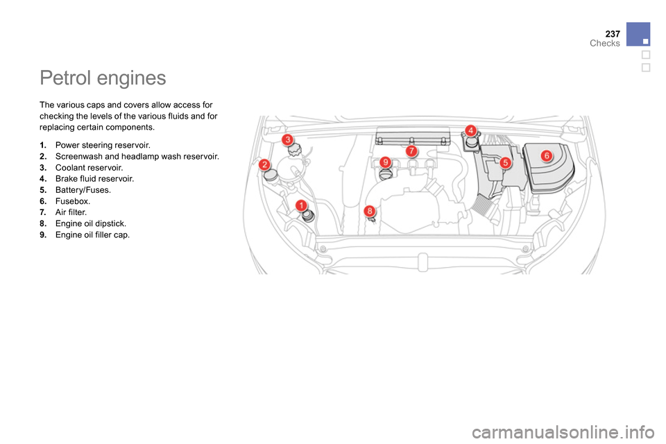 Citroen DS4 RHD 2013.5 1.G Owners Manual 237Checks
Petrol engines
The various caps and covers allow access for
checking the levels of the various fluids and for
replacing certain components.
1.
Po Citroen DS4 RHD 2013.5 1.G Owners Manual 237Checks
Petrol engines
The various caps and covers allow access for
checking the levels of the various fluids and for
replacing certain components.
1.
Po