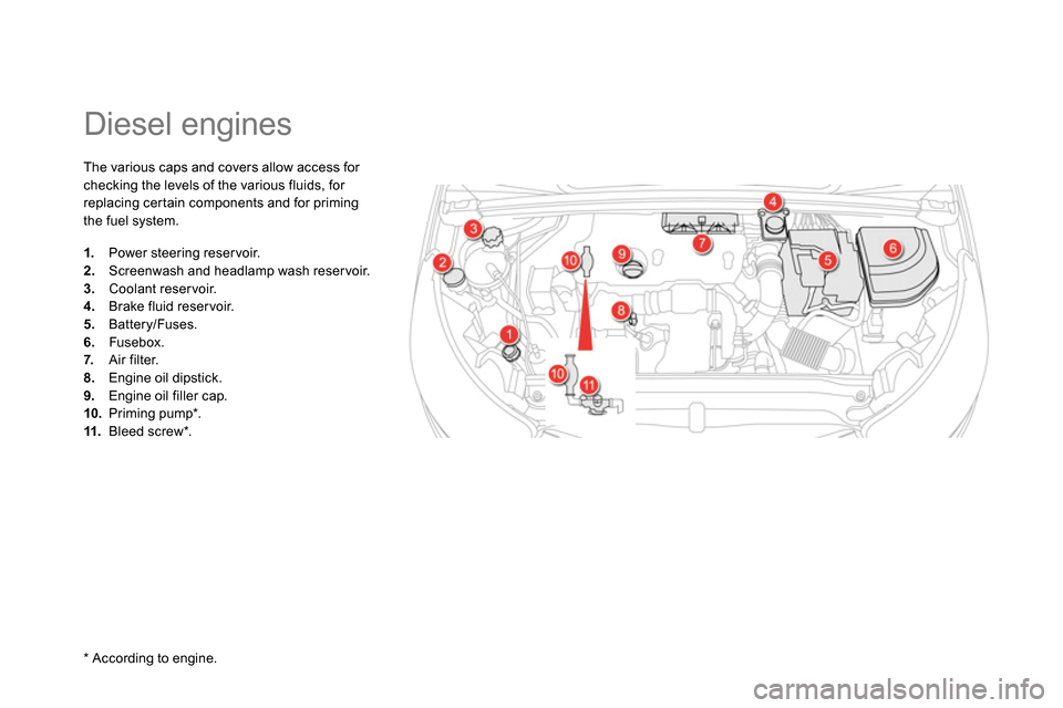 Citroen DS4 RHD 2013.5 1.G Owners Manual    
 
 
 
 
 
 
 
 
 
 
 
 
Diesel engines 
 
The various caps and covers allow access for 
checking the levels of the various fluids, for 
replacing certain components and for priming 
the fuel syste
