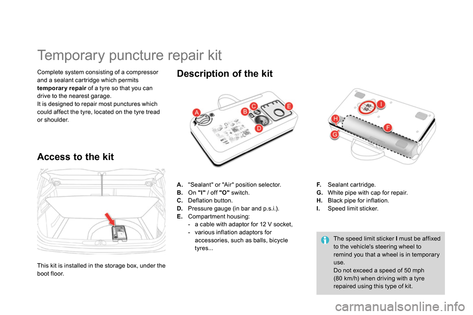 Citroen DS4 RHD 2013.5 1.G Owners Manual    
 
 
 
 
 
 
 
 
 
 
 
 
 
 
 
 
Temporary puncture repair kit 
 
 
Complete system consisting of a compressor 
and a sealant cartridge which permits 
  temporary repair 
 of a tyre so that you can