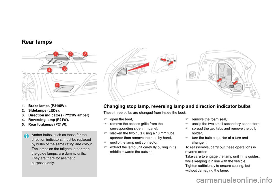 Citroen DS4 RHD 2013.5 1.G Owners Guide
1.
Brake lamps (P21/5W).
2.
Sidelamps (LEDs).
3.
Direction indicators (PY21W amber)
4.
Reversing lamp (P21W).
5.
Rear foglamps (P21W).
Citroen DS4 RHD 2013.5 1.G Owners Guide
1.
Brake lamps (P21/5W).
2.
Sidelamps (LEDs).
3.
Direction indicators (PY21W amber)
4.
Reversing lamp (P21W).
5.
Rear foglamps (P21W).