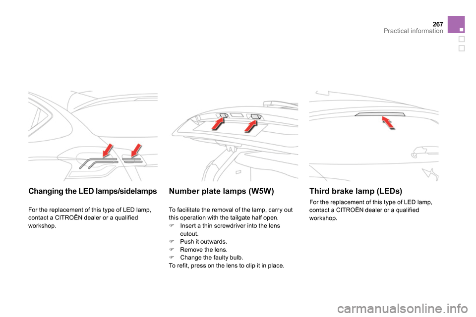 Citroen DS4 RHD 2013.5 1.G Owners Manual 267Practical information
   
 
Changing the LED lamps/sidelamps   
 
 
 
 
 
 
 
Number plate lamps (W5W)    
 
Third brake lamp (LEDs) 
 
For the replacement of this type of LED lamp, 
contact a CITR