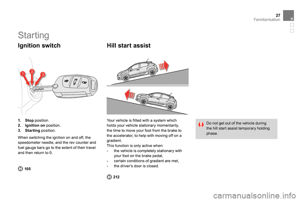 Citroen DS4 RHD 2013.5 1.G Owners Manual 27Familiarisation
   
105 
 
     
 
1. 
  Stop 
 position. 
   
2. 
  Ignition on 
 position. 
   
3. 
  Starting 
 position.  
 
 
Ignition switch 
 
When switching the ignition on and off, the 
spe