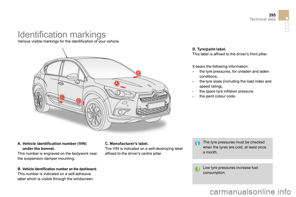 Citroen DS4 RHD 2013.5 1.G Owners Manual 295Te c h n i c a l  d a t a
   
 
 
 
 
 
 
 
 
 
 
 
 
 
 
 
 
Identiﬁ cation markings  
Various visible markings for the identification of your vehicle. 
   
A.  Vehicle identification number (VI