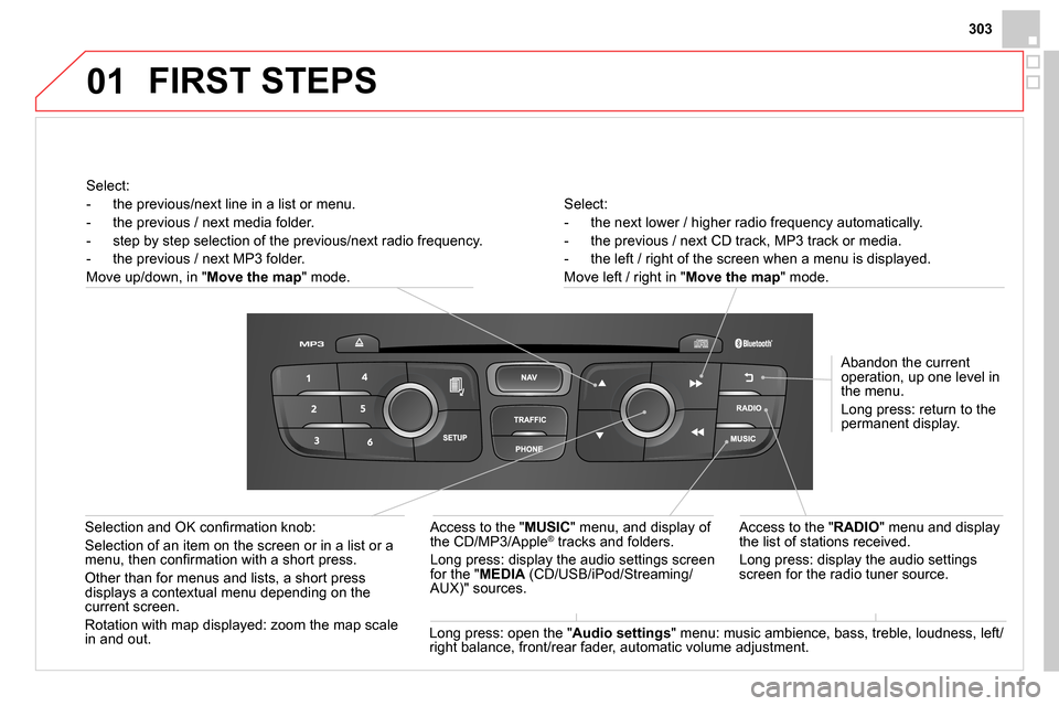 Citroen DS4 RHD 2013.5 1.G Owners Guide 01
303
   
Select: 
   
 
-   the next lower / higher radio frequency automatically. 
   
-   the previous / next CD track, MP3 track or media. 
   
-   the left / right of the screen when a menu is d