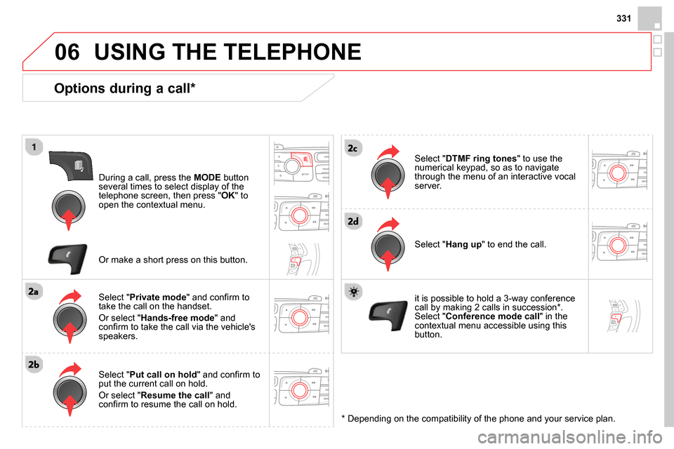 Citroen DS4 RHD 2013.5 1.G Owners Manual 06
331
USING THE TELEPHONE
Options during a call *
During a call, press the MODE
button
several times to select display of the
telephone screen, then press " OK
" to
open the conte Citroen DS4 RHD 2013.5 1.G Owners Manual 06
331
USING THE TELEPHONE
Options during a call *
During a call, press the MODE
button
several times to select display of the
telephone screen, then press " OK
" to
open the conte