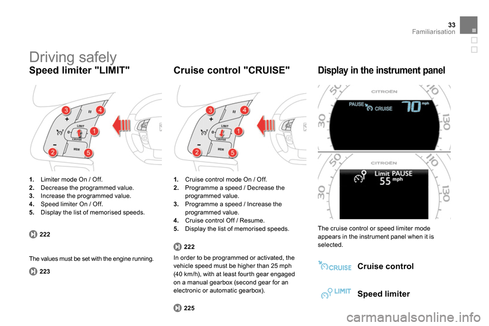 Citroen DS4 RHD 2013.5 1.G Owners Guide 33Familiarisation
  Driving safely 
 
 
 
1. 
  Limiter mode On / Off. 
   
2. 
  Decrease the programmed value. 
   
3. 
  Increase the programmed value. 
   
4. 
  Speed limiter On / Off. 
   
5. 
 