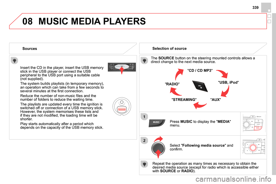 Citroen DS4 RHD 2013.5 1.G Owners Manual 08
339
  MUSIC MEDIA PLAYERS 
 
 
 
Sources  
   
Insert the CD in the player, insert the USB memory 
stick in the USB player or connect the USB 
peripheral to the USB port using a suitable cable 
(no