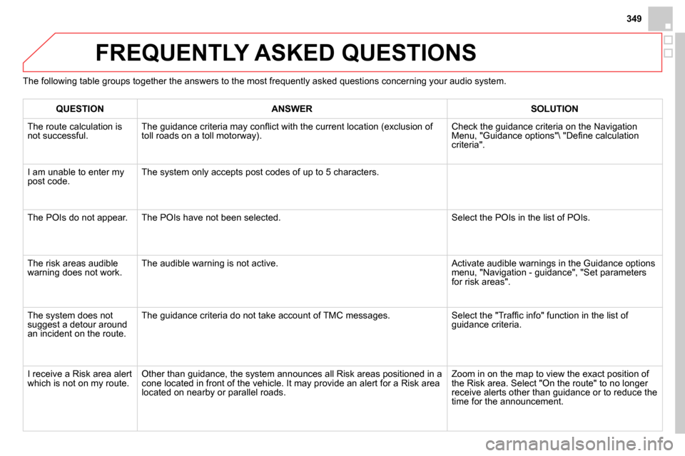 Citroen DS4 RHD 2013.5 1.G User Guide 349
FREQUENTLY ASKED QUESTIONS
The following table groups together the answers to the most frequently asked questions concerning your audio system.
QUESTION
ANSWER
SOLU Citroen DS4 RHD 2013.5 1.G User Guide 349
FREQUENTLY ASKED QUESTIONS
The following table groups together the answers to the most frequently asked questions concerning your audio system.
QUESTION
ANSWER
SOLU