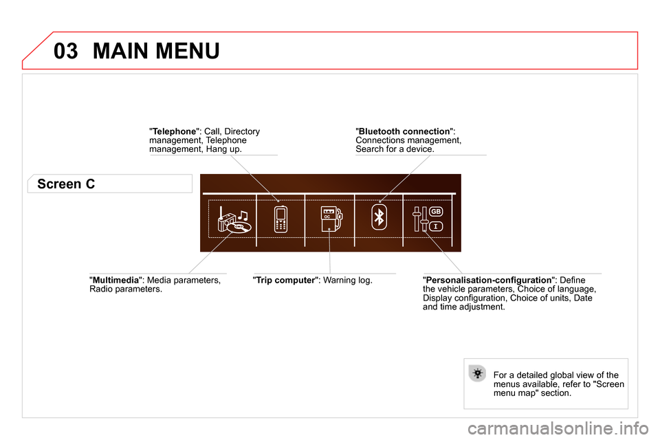 Citroen DS4 RHD 2013.5 1.G Owners Manual 03
   
" Multimedia 
": Media parameters, 
Radio parameters.     
" Trip computer 
": Warning log.  
   
For a detailed global view of the 
menus available, refer to "Screen 
menu map" section.  
    