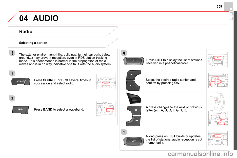 Citroen DS4 RHD 2013.5 1.G Owners Manual 359
04  AUDIO 
 
 
Press  SOURCE 
 or  SRC 
 several times in 
succession and select radio.  
   
Press  BAND 
 to select a waveband.     
Press  LIST 
 to display the list of stations 
received in al