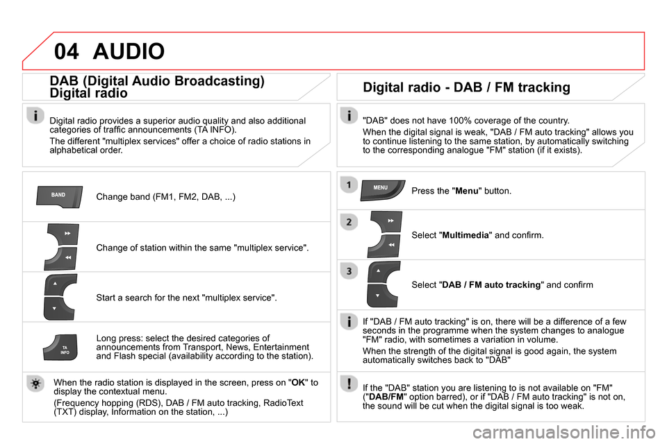 Citroen DS4 RHD 2013.5 1.G User Guide 04  AUDIO 
 
 
Change band (FM1, FM2, DAB, ...)  
 
 
 
 
 
 
DAB (Digital Audio Broadcasting)  
Digital radio 
   
Digital radio provides a superior audio quality and also additional 
categories of t