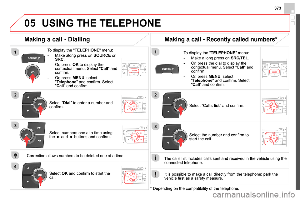 Citroen DS4 RHD 2013.5 1.G Owners Manual 373
 
  
05  USING THE TELEPHONE 
 
 
To display the " TELEPHONE 
" menu: 
   
 
-   Make along press on  SOURCE 
 or 
  SRC 
. 
   
-   Or, press  OK 
 to display the 
contextual menu. Select " Call 