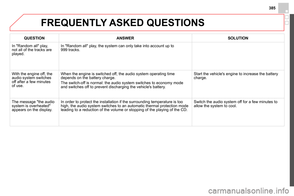 Citroen DS4 RHD 2013.5 1.G Owners Manual 385
  FREQUENTLY ASKED QUESTIONS 
 
 
 
QUESTION  
   
 
ANSWER  
   
 
SOLUTION  
 
  In "Random all" play, 
not all of the tracks are 
played.   In "Random all" play, the system can only take into a