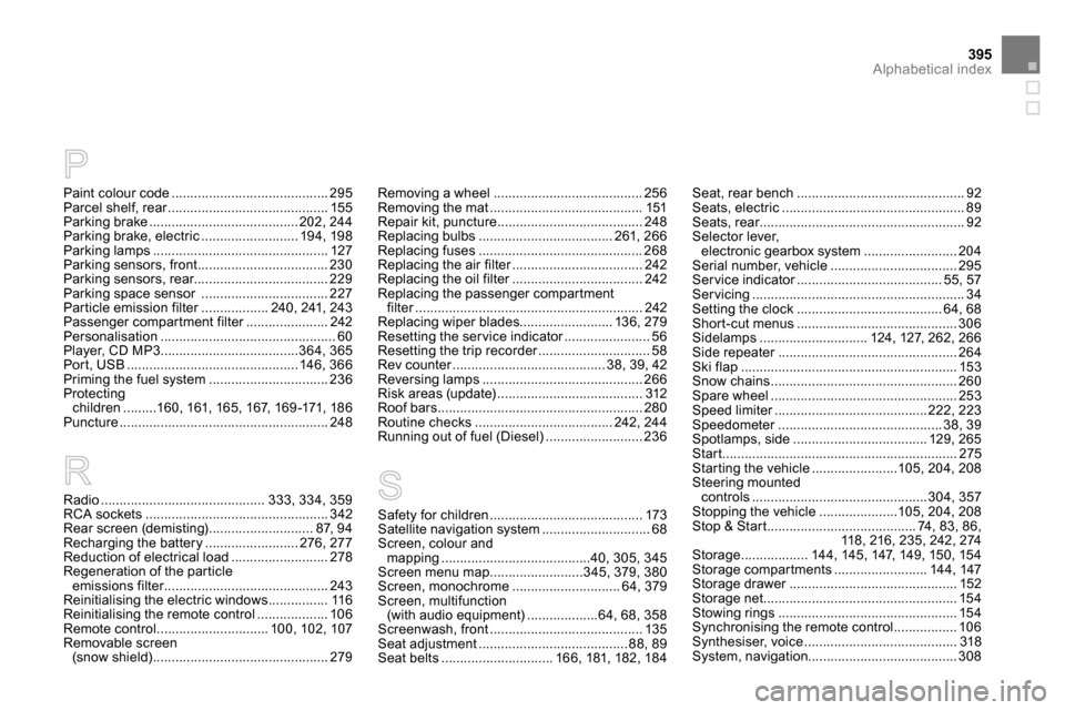 Citroen DS4 RHD 2013.5 1.G Owners Manual 395Alphabetical index
Paint colour code .......................................... 295
Parcel shelf, rear ........................................... 155
Parking brake ................................