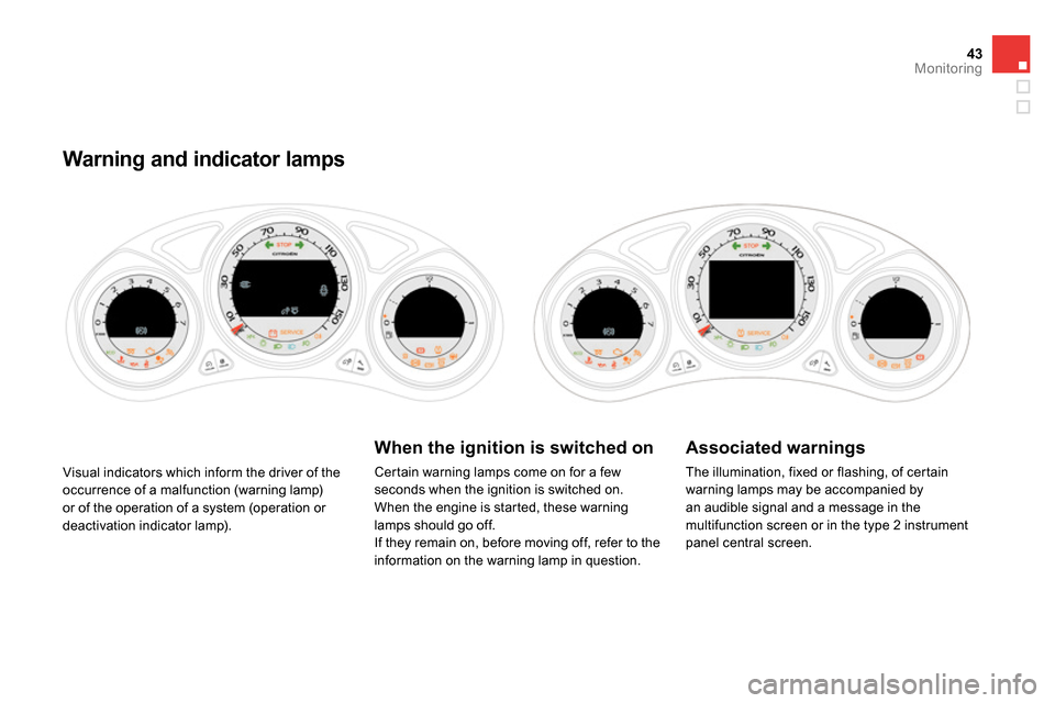 Citroen DS4 RHD 2013.5 1.G Service Manual 43Monitoring
  Visual indicators which inform the driver of the 
occurrence of a malfunction (warning lamp) 
or of the operation of a system (operation or 
deactivation indicator lamp). 
   
 
 
 
 
 