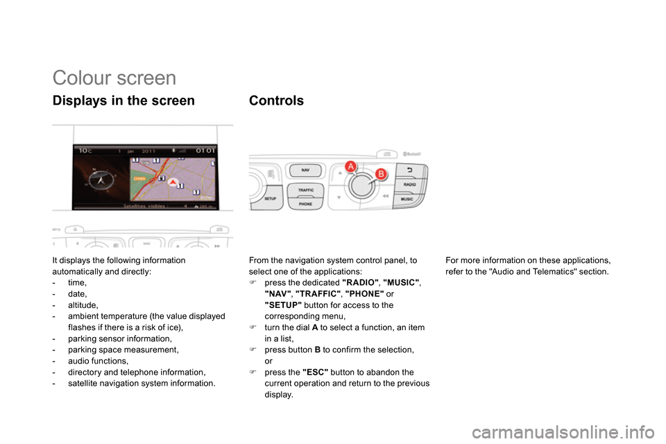 Citroen DS4 RHD 2013.5 1.G Owners Manual    
 
 
 
 
 
 
 
 
 
 
 
 
 
 
 
 
 
 
 
 
 
 
 
 
 
 
 
 
 
 
 
 
 
Colour screen 
 
It displays the following information 
automatically and directly: 
   
 
-  time, 
   
-  date, 
   
-  altitude