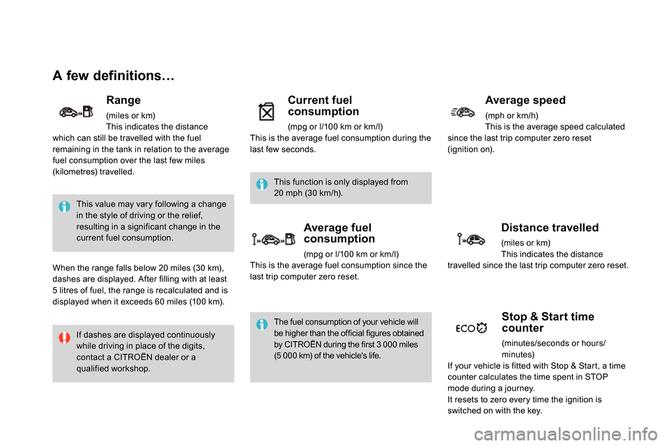Citroen DS4 RHD 2013.5 1.G Owners Manual
A few definitions…
This value may vary following a change
in the style of driving or the relief,
resulting in a significant change in the
current fuel consumption.
If dashes a Citroen DS4 RHD 2013.5 1.G Owners Manual
A few definitions…
This value may vary following a change
in the style of driving or the relief,
resulting in a significant change in the
current fuel consumption.
If dashes a