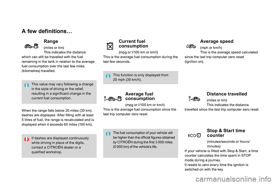 Citroen DS4 RHD 2013.5 1.G Owners Manual    
 
 
 
 
 
A few definitions… 
 
This value may vary following a change 
in the style of driving or the relief, 
resulting in a significant change in the 
current fuel consumption. 
  If dashes a