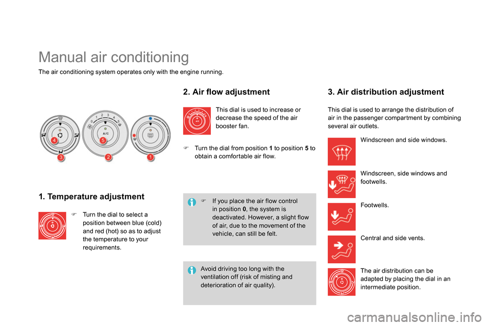 Citroen DS4 RHD 2013.5 1.G Owners Manual   Manual air conditioning 
 
 
 
 
 
 
 
 
 
 
 
The air conditioning system operates only with the engine running.  
 
 
1. Temperature adjustment 
 
 
 
 
  Turn the dial to select a 
position be