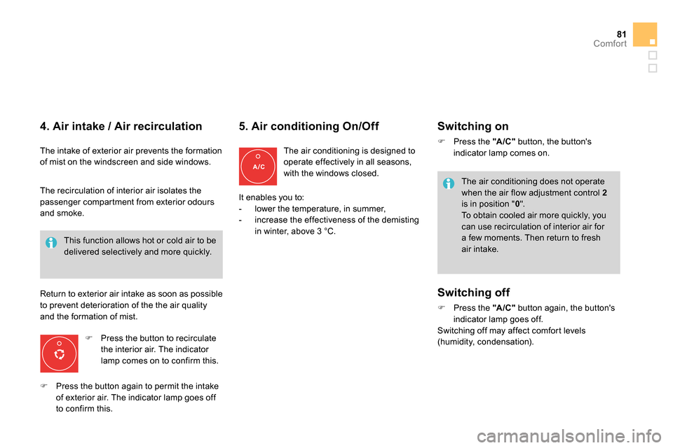 Citroen DS4 RHD 2013.5 1.G Owners Manual 81Comfort
   
4. Air intake / Air recirculation 
 
The intake of exterior air prevents the formation 
of mist on the windscreen and side windows. 
   
 
 
  Press the button to recirculate 
the int