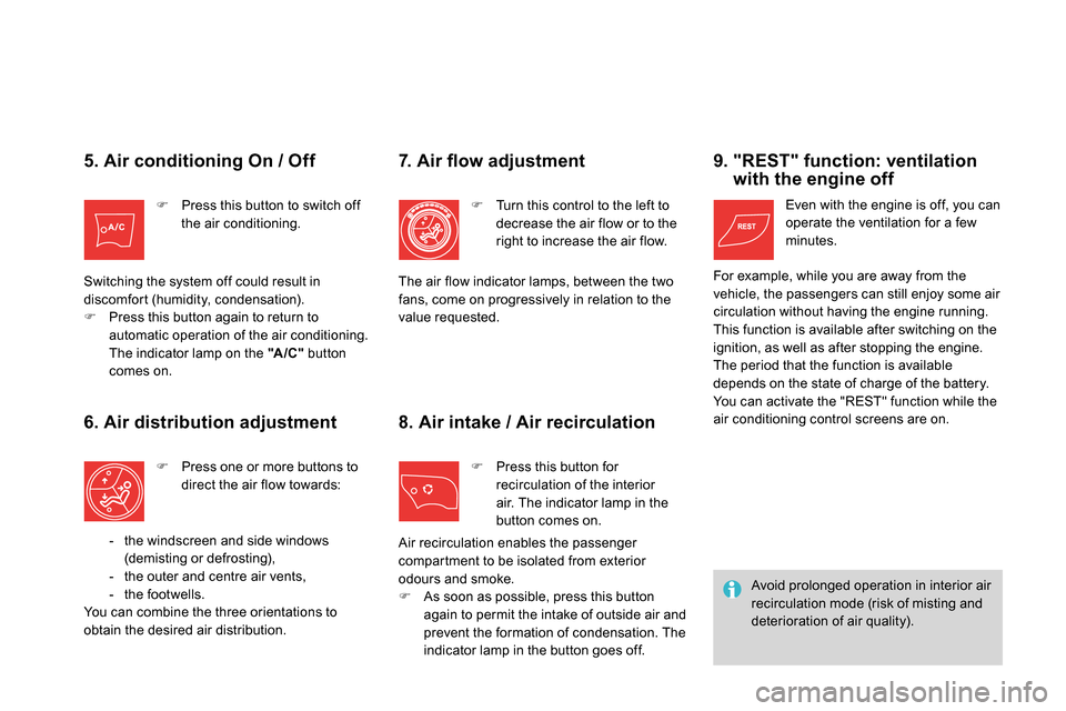 Citroen DS4 RHD 2013.5 1.G Owners Manual    
5. Air conditioning On / Off 
 
 
 
 
  Press this button to switch off 
the air conditioning.  
  Switching the system off could result in 
discomfort (humidity, condensation). 
   
 
 
  P