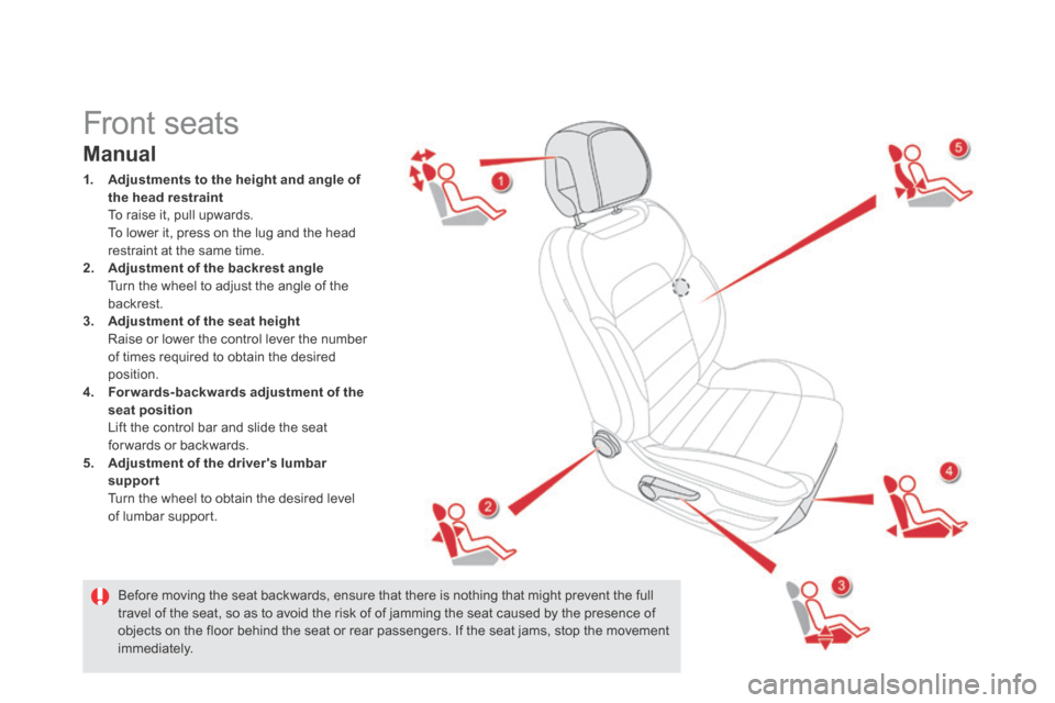 Citroen DS5 HYBRID4 RHD 2013.5 1.G Owners Manual                Front seats 
  Manual 
1.    Adjustments to the height and angle    of the head restraint       To raise it, pull upwards.    To lower it, press on the lug and the head restraint at the