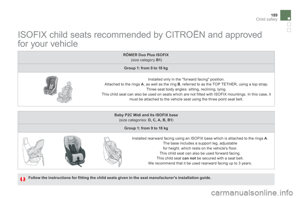Citroen DS5 HYBRID4 RHD 2013.5 1.G Owners Manual 189Child safety
ISOFIX child seats recommended by CITROËN and approved
for your vehicle
Follow the instructions for fitting the child seats given in the seat manufacturers instal Citroen DS5 HYBRID4 RHD 2013.5 1.G Owners Manual 189Child safety
ISOFIX child seats recommended by CITROËN and approved
for your vehicle
Follow the instructions for fitting the child seats given in the seat manufacturers instal