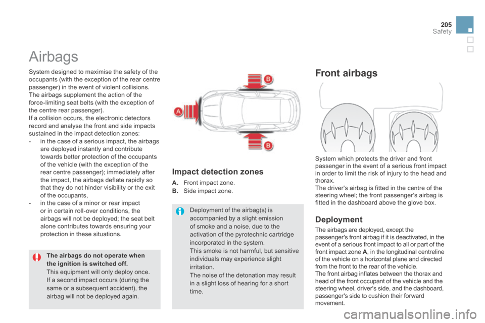 Citroen DS5 HYBRID4 RHD 2013.5 1.G Owners Manual 205Safety
Airbags
System designed to maximise the safety of the occupants (with the exception of the rear centre passenger) in the event of violent collisions. The airbags supplement the action of Citroen DS5 HYBRID4 RHD 2013.5 1.G Owners Manual 205Safety
Airbags
System designed to maximise the safety of the occupants (with the exception of the rear centre passenger) in the event of violent collisions. The airbags supplement the action of
