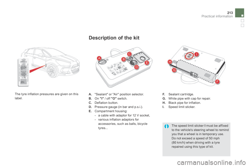 Citroen DS5 HYBRID4 RHD 2013.5 1.G Owners Manual 213Practical information
A. "Sealant" or "Air" position selector. B. On "I" / off "O" switch. C. Deflation button. D. Pressure gauge (in bar and p.s.i.). E. Compartment housing: - Citroen DS5 HYBRID4 RHD 2013.5 1.G Owners Manual 213Practical information
A. "Sealant" or "Air" position selector. B. On "I" / off "O" switch. C. Deflation button. D. Pressure gauge (in bar and p.s.i.). E. Compartment housing: -