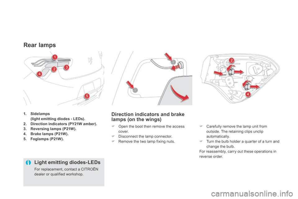 Citroen DS5 HYBRID4 RHD 2013.5 1.G Owners Manual 1.    Sidelamps       (light emitting diodes - LEDs).2.    Direction indicators (PY21W amber).3.    Reversing lamps (P21W).4.    Brake lamps (P21W).5.    Foglamps (P21W).
Rear lamps 
Direction indicat