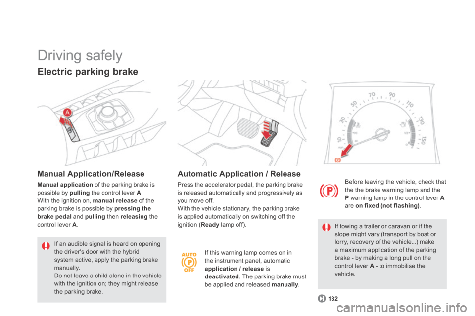 Citroen DS5 HYBRID4 RHD 2013.5 1.G Owners Manual   If this warning lamp comes on in the instrument panel, automatic application / release   is deactivated . The parking brake must be applied and released  manually .  manually .  manually
  Before le