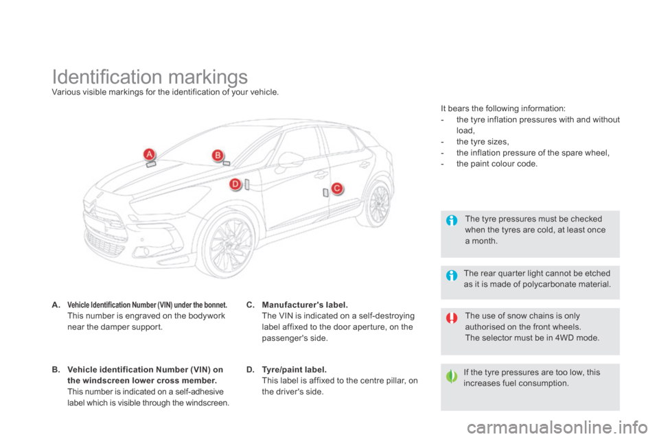 Citroen DS5 HYBRID4 RHD 2013.5 1.G Owners Manual Identifi cation markings Various visible markings for the identification of your vehicle.
A.Vehicle Identification Number (VIN) under the bonnet. This number is engrave Citroen DS5 HYBRID4 RHD 2013.5 1.G Owners Manual Identifi cation markings Various visible markings for the identification of your vehicle.
A.Vehicle Identification Number (VIN) under the bonnet. This number is engrave