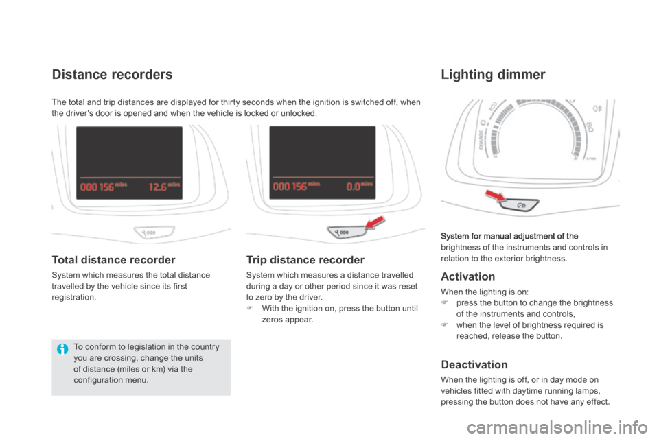 Citroen DS5 HYBRID4 RHD 2013.5 1.G Owners Manual  System for manual adjustment of the brightness of the instruments and controls in relation to the exterior brightness. 
Lighting dimmer 
  Activation 
 When the lighting is on: 
   press the butto