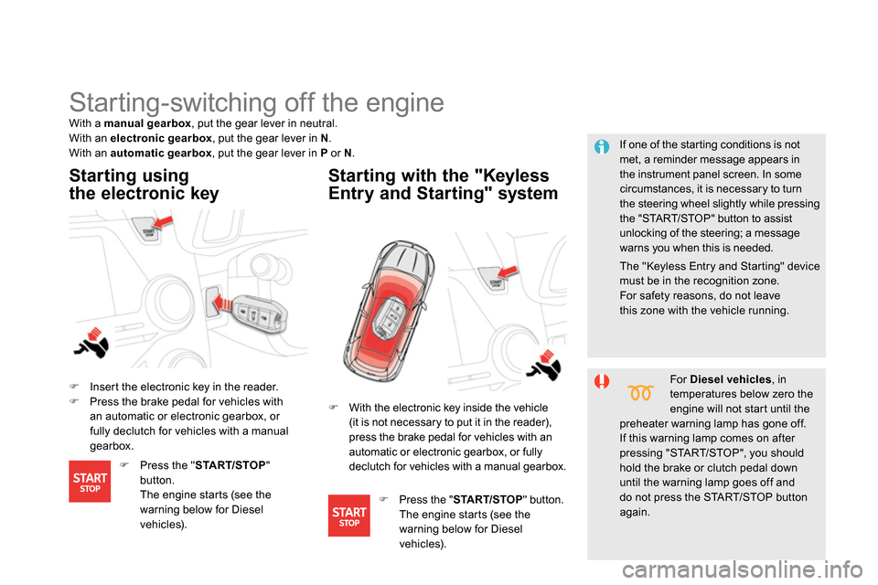 Citroen DS5 2013.5 1.G Owners Manual
Starting-switching off the engine
Insert the electronic key in the reader.
Press the brake pedal for vehicles with
an automatic or electronic gearbox, or
Citroen DS5 2013.5 1.G Owners Manual
Starting-switching off the engine
Insert the electronic key in the reader.
Press the brake pedal for vehicles with
an automatic or electronic gearbox, or