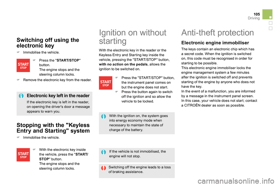 Citroen DS5 2013.5 1.G Owners Manual 105Driving
   
Switching off using the 
electronic key 
   
 
 
  Immobilise the vehicle. 
 
 
Electronic key left in the reader 
 
If the electronic key is left in the reader, 
on opening the driv